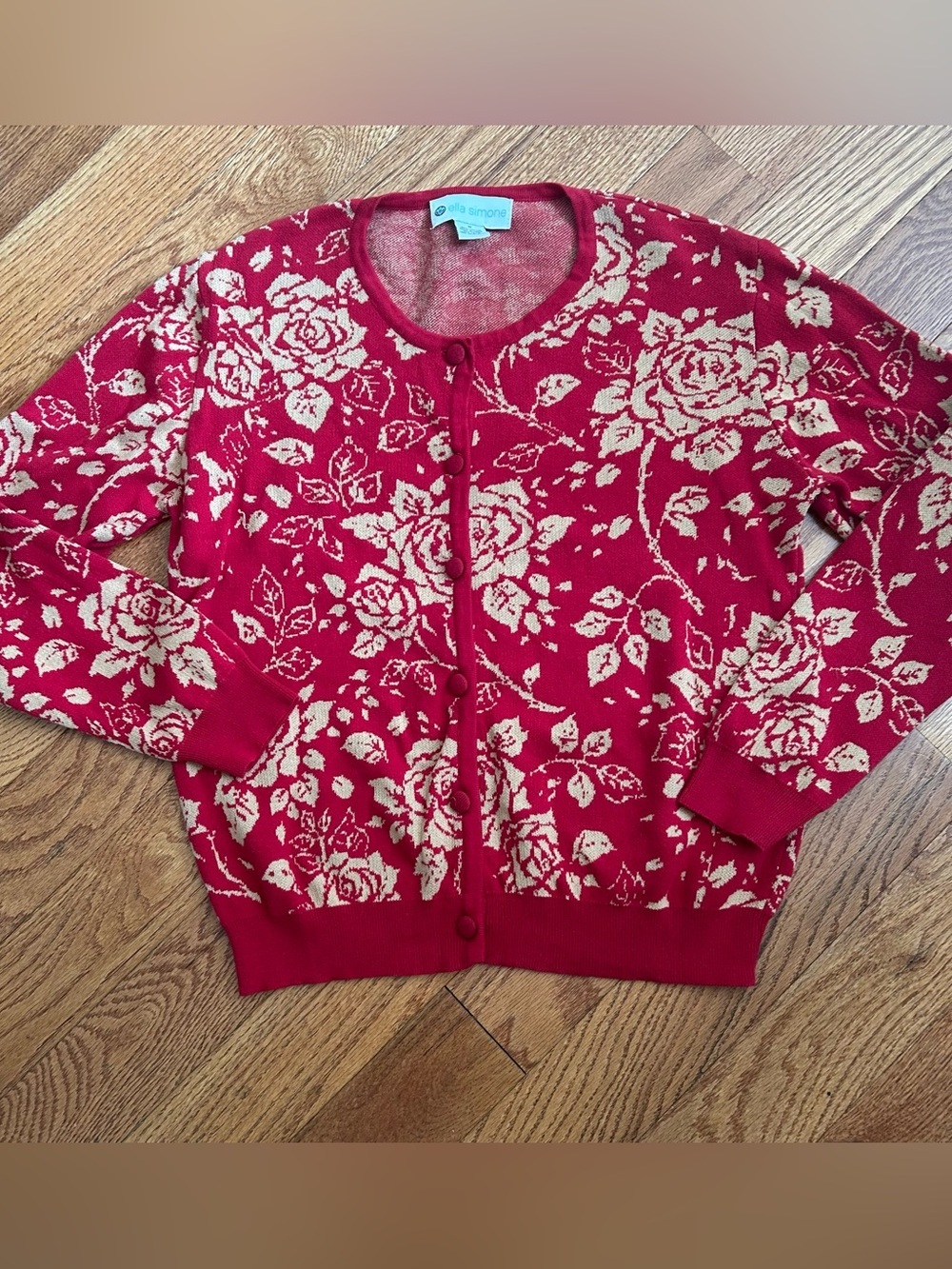 Ella Simone Red Floral Cotton Cardigan Sweater Med Cottagecore Vintage Y2K